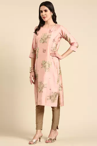 women's calf length scoop neck pink floral straight kurta comes with duppatta