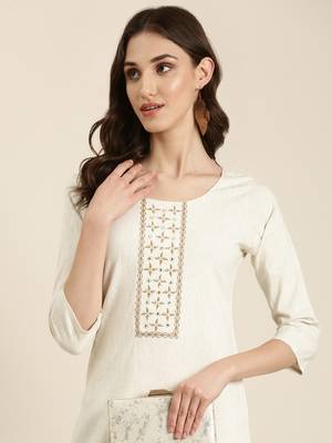 women's calf length round neck cream solid straight kurta 2