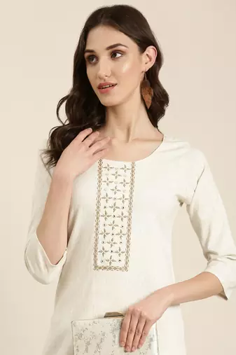 women's calf length round neck cream solid straight kurta