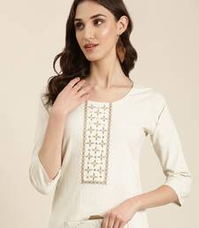 women's calf length round neck cream solid straight kurta