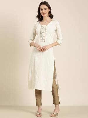 women's calf length round neck cream solid straight kurta 3