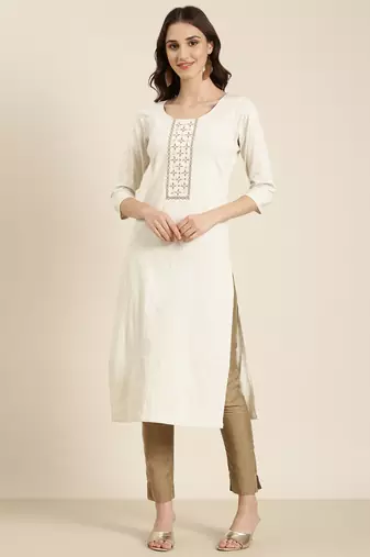 women's calf length round neck cream solid straight kurta