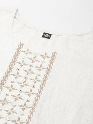 women's calf length round neck cream solid straight kurta 4