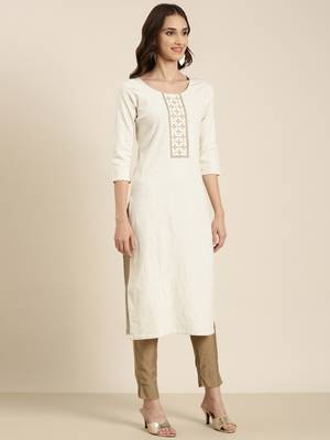 women's calf length round neck cream solid straight kurta 1