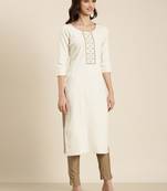 women's calf length round neck cream solid straight kurta