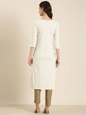 women's calf length round neck cream solid straight kurta 5