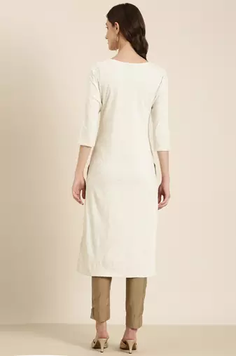 women's calf length round neck cream solid straight kurta