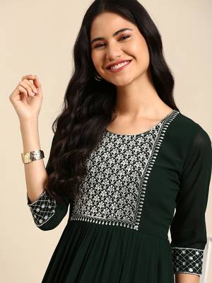 women's ankle length round neck green embellished anarkali kurta 2