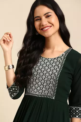 women's ankle length round neck green embellished anarkali kurta
