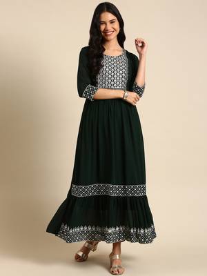 women's ankle length round neck green embellished anarkali kurta 1