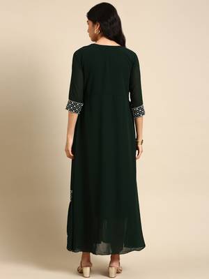 women's ankle length round neck green embellished anarkali kurta 5