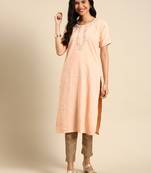 women's calf length round neck peach solid straight kurta