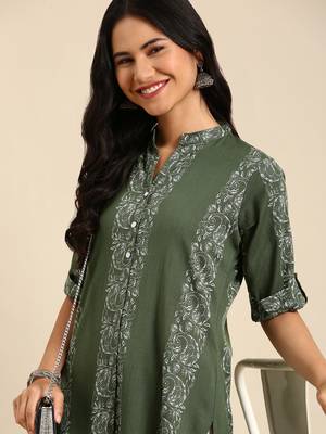 women's calf length mandarin collar green paisley straight kurta 2
