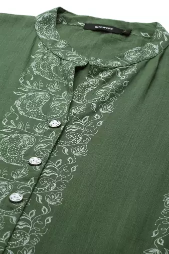 women's calf length mandarin collar green paisley straight kurta