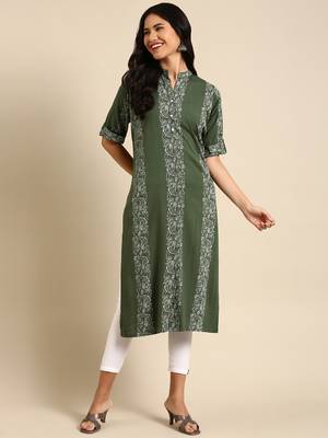 women's calf length mandarin collar green paisley straight kurta 1