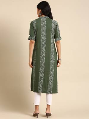 women's calf length mandarin collar green paisley straight kurta 5