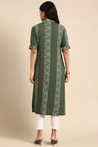 women's calf length mandarin collar green paisley straight kurta