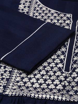 women's calf length round neck navy blue solid straight kurta 4