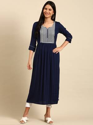 women's calf length round neck navy blue solid straight kurta 1