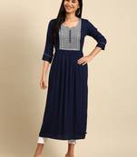 women's calf length round neck navy blue solid straight kurta