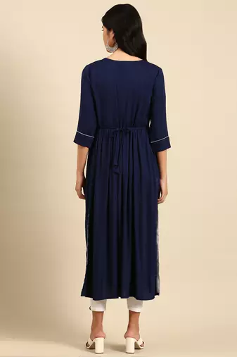 women's calf length round neck navy blue solid straight kurta