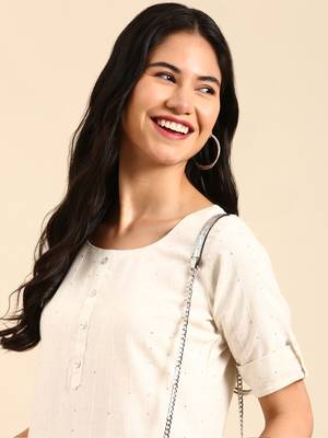 women's calf length round neck off white embellished straight kurta 2