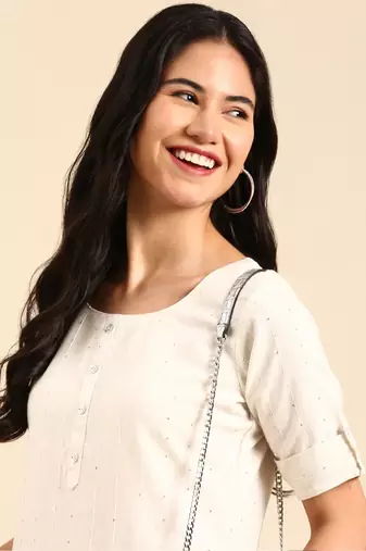 women's calf length round neck off white embellished straight kurta