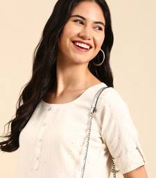 women's calf length round neck off white embellished straight kurta
