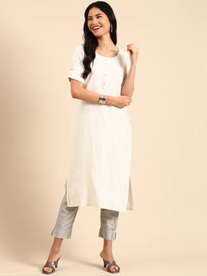 women's calf length round neck off white embellished straight kurta 3