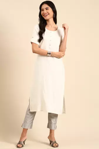 women's calf length round neck off white embellished straight kurta