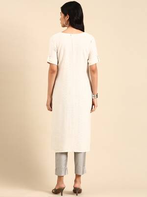 women's calf length round neck off white embellished straight kurta 4