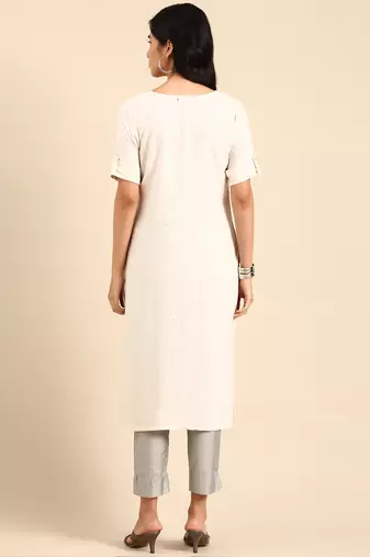 women's calf length round neck off white embellished straight kurta