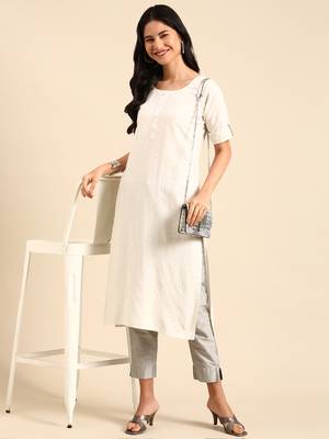 women's calf length round neck off white embellished straight kurta 1