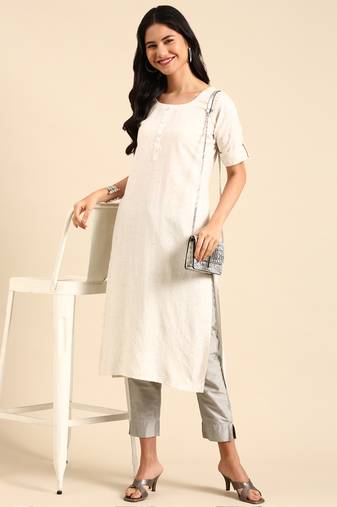 women's calf length round neck off white embellished straight kurta