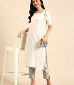 women's calf length round neck off white embellished straight kurta