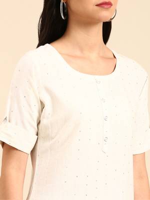 women's calf length round neck off white embellished straight kurta 5