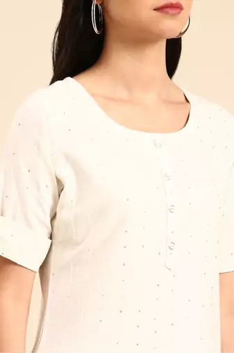 women's calf length round neck off white embellished straight kurta