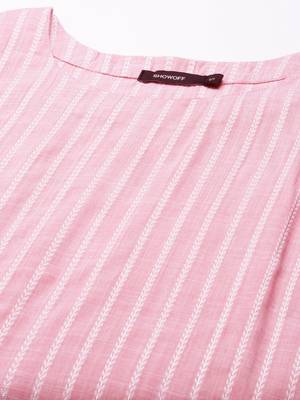 Showoff women's calf length round neck pink woven design straight kurta 3