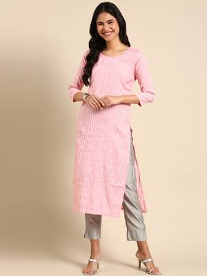 Showoff women's calf length round neck pink woven design straight kurta 4