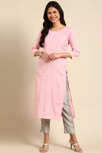 Showoff women's calf length round neck pink woven design straight kurta