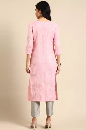 Showoff women's calf length round neck pink woven design straight kurta