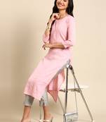 Showoff women's calf length round neck pink woven design straight kurta