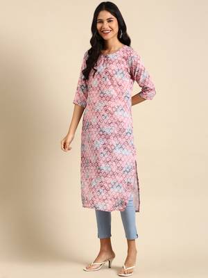 women's calf length round neck mauve ethnic motifs straight kurta 4