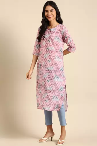 women's calf length round neck mauve ethnic motifs straight kurta