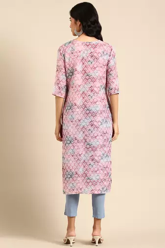 women's calf length round neck mauve ethnic motifs straight kurta