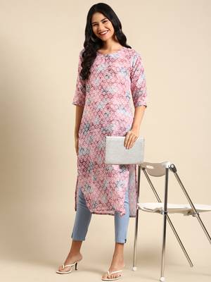 women's calf length round neck mauve ethnic motifs straight kurta 1