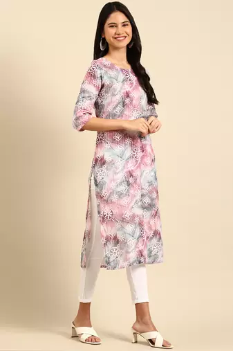 women's calf length round neck multi embellished straight kurta