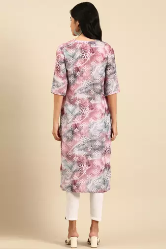 women's calf length round neck multi embellished straight kurta