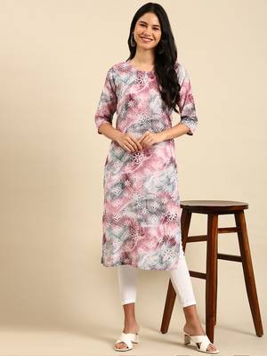 women's calf length round neck multi embellished straight kurta 1