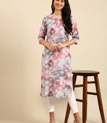 women's calf length round neck multi embellished straight kurta